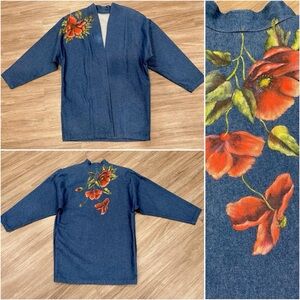 Vintage 1980s / 1990s Hand Painted Denim Jacket Flowers Poppies Floral Jean 90s